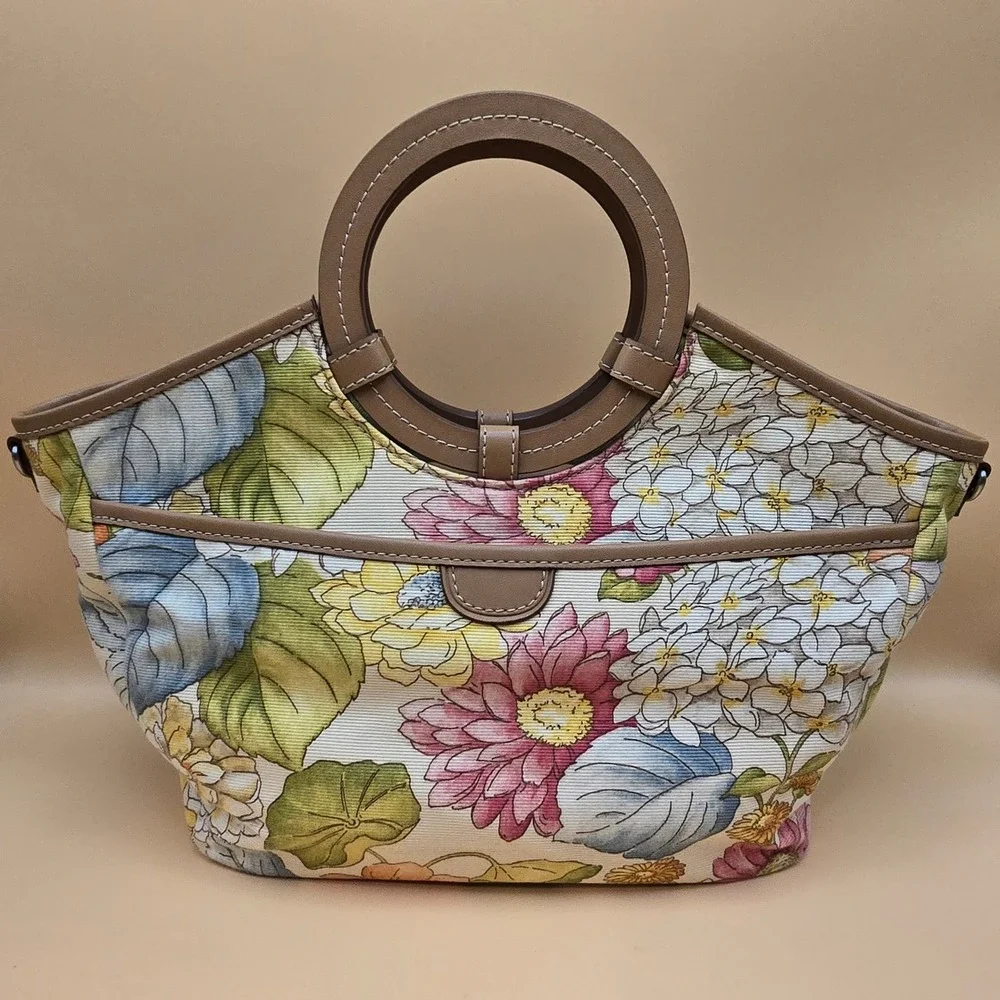 Vintage Fossil  Floral Tapestry Canvas Satchel Bag Circle Handles Tan Leather‎